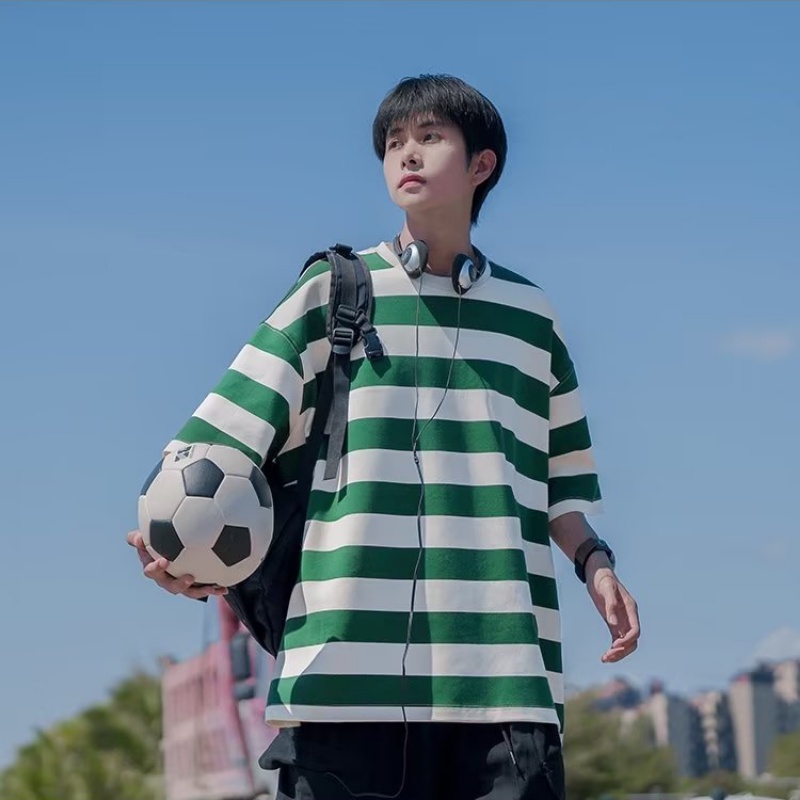 Áo Thun Nam Tay Lửng Họa Tiết Sọc Ngang Phong Cách Retro