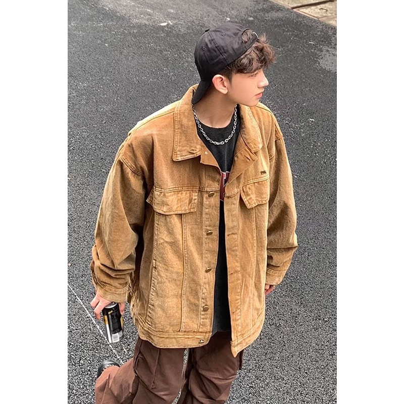 Áo Khoác Denim Dáng Rộng Màu Sắc Cà Phê Phong Cách Retro Đường Phố Cho Nam Giới