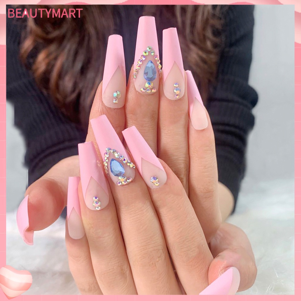 Bộ 24 Móng Tay Giả Hình Quan Tài Đính Đá 3D Siêu Dài Bằng Acrylic Dùng Trang Trí Móng Tay