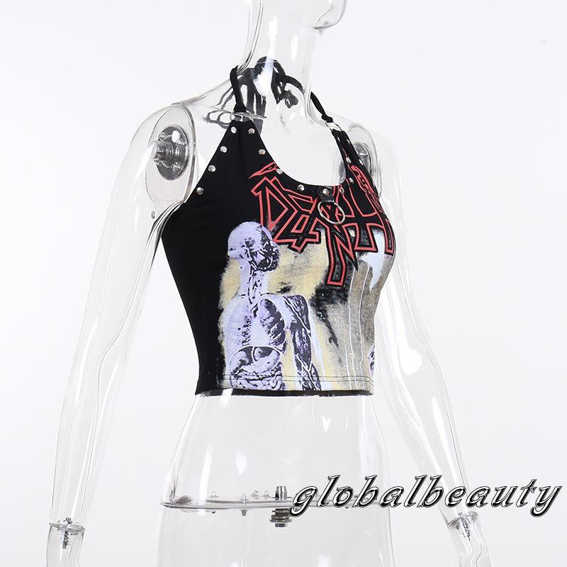 Áo Croptop Sát Nách Hở Lưng In Họa Tiết Đầu Lâu Đính Đinh Tán Phong Cách Gothic Thời Trang Mùa Hè Cho Nữ