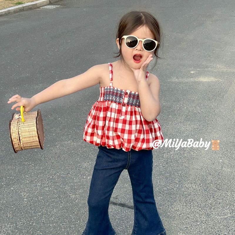 Miyababy Bộ vest bé gái bộ đồ mùa hè trẻ em vest kẻ sọc + quần jeans thời trang hàn quốc