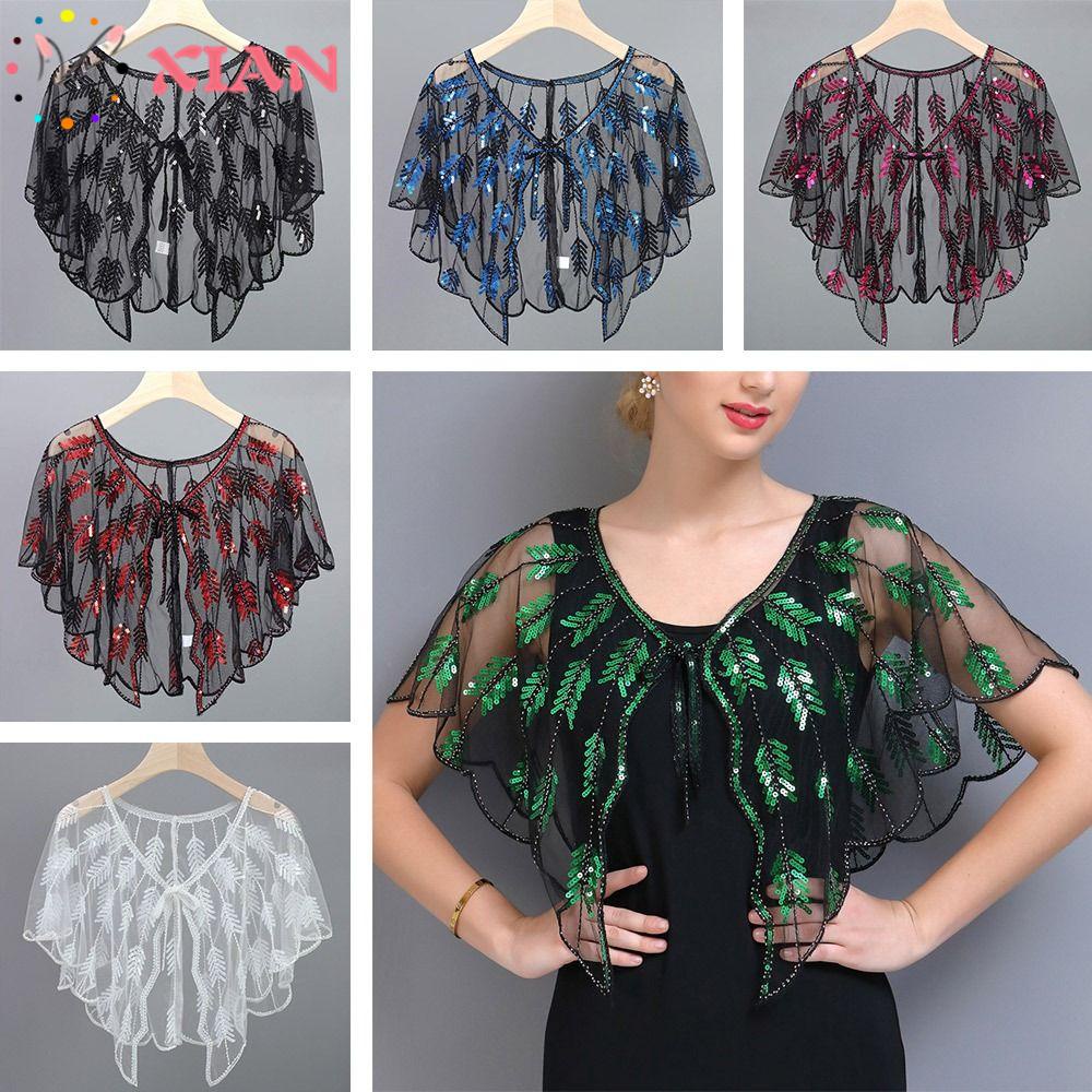 Xiantin Khăn Choàng Vải Tuyn Đính Kim Sa Tua Rua Phụ Kiện Hóa Trang Tiệc Cưới Dành Cho Nữ