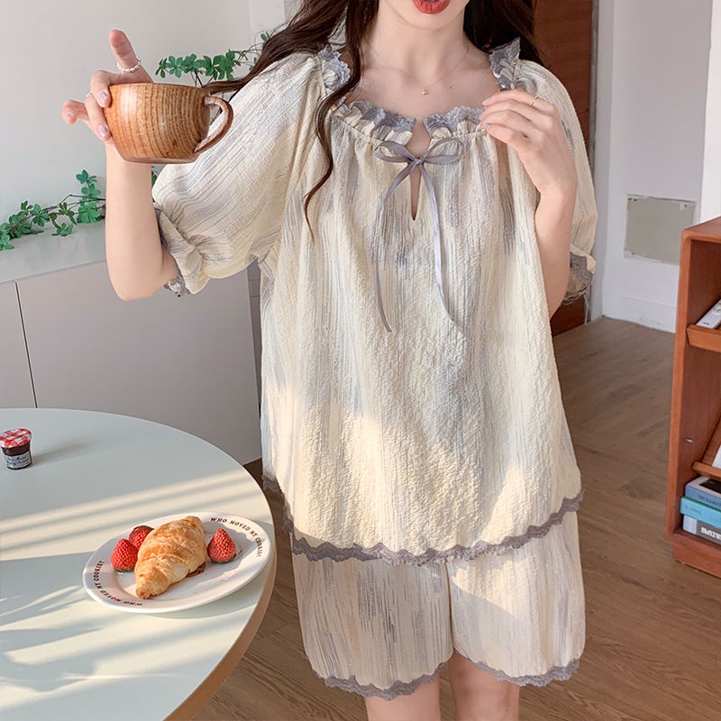 Bộ Đồ Ngủ Áo Tay Ngắn Phồng Cổ Tròn + Quần Short Vải Cotton Thời Trang Mùa Hè 2023 Mới Cho Nữ