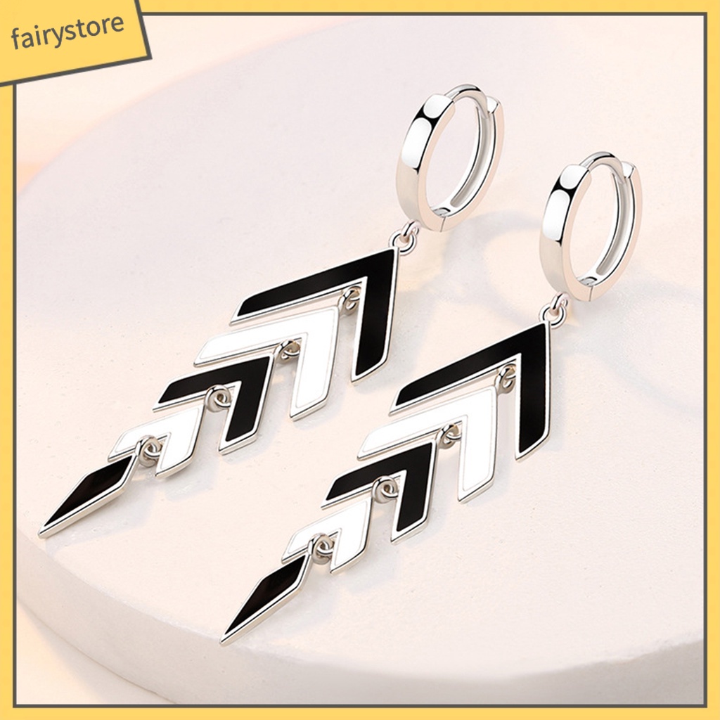 1 Đôi Bông Tai Hình Học Dáng Dài Màu Trắng Đen Phong Cách Retro