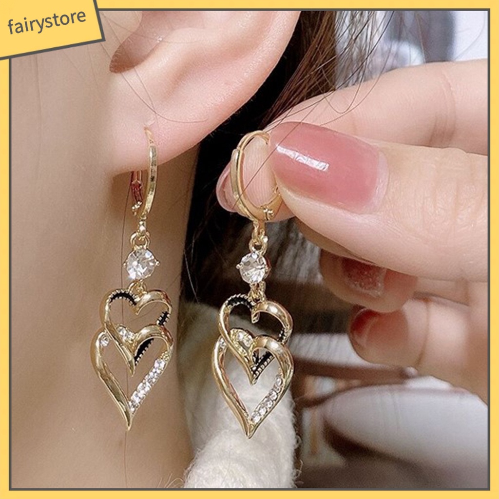 1 Đôi Bông Tai Hình Trái Tim Hai Lớp Đính Đá Lấp Lánh Phong Cách Hàn Quốc Thời Trang