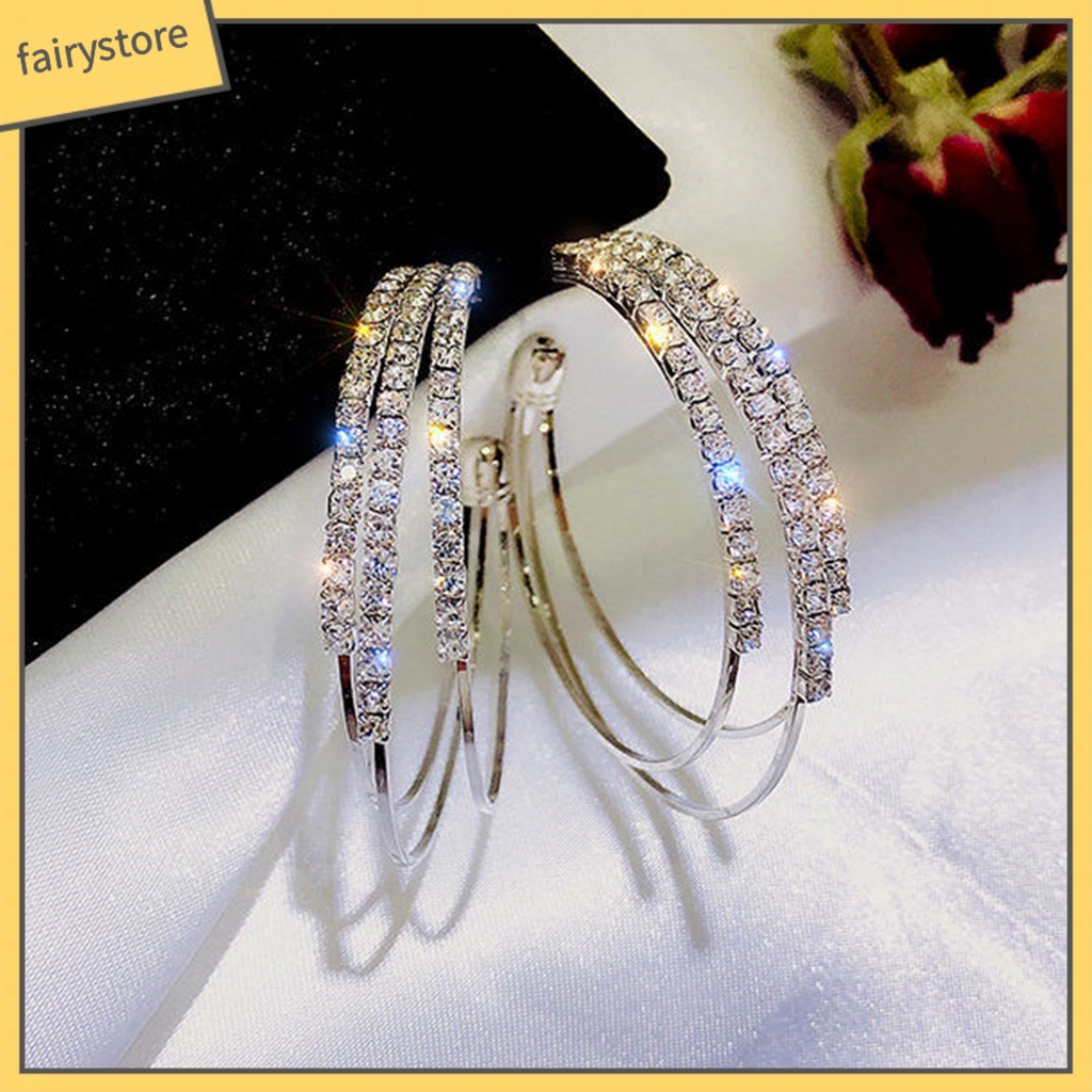 1 Đôi Bông Tai Hình Chữ C Ba Lớp Đính Đá Lấp Lánh Dành Cho Nữ