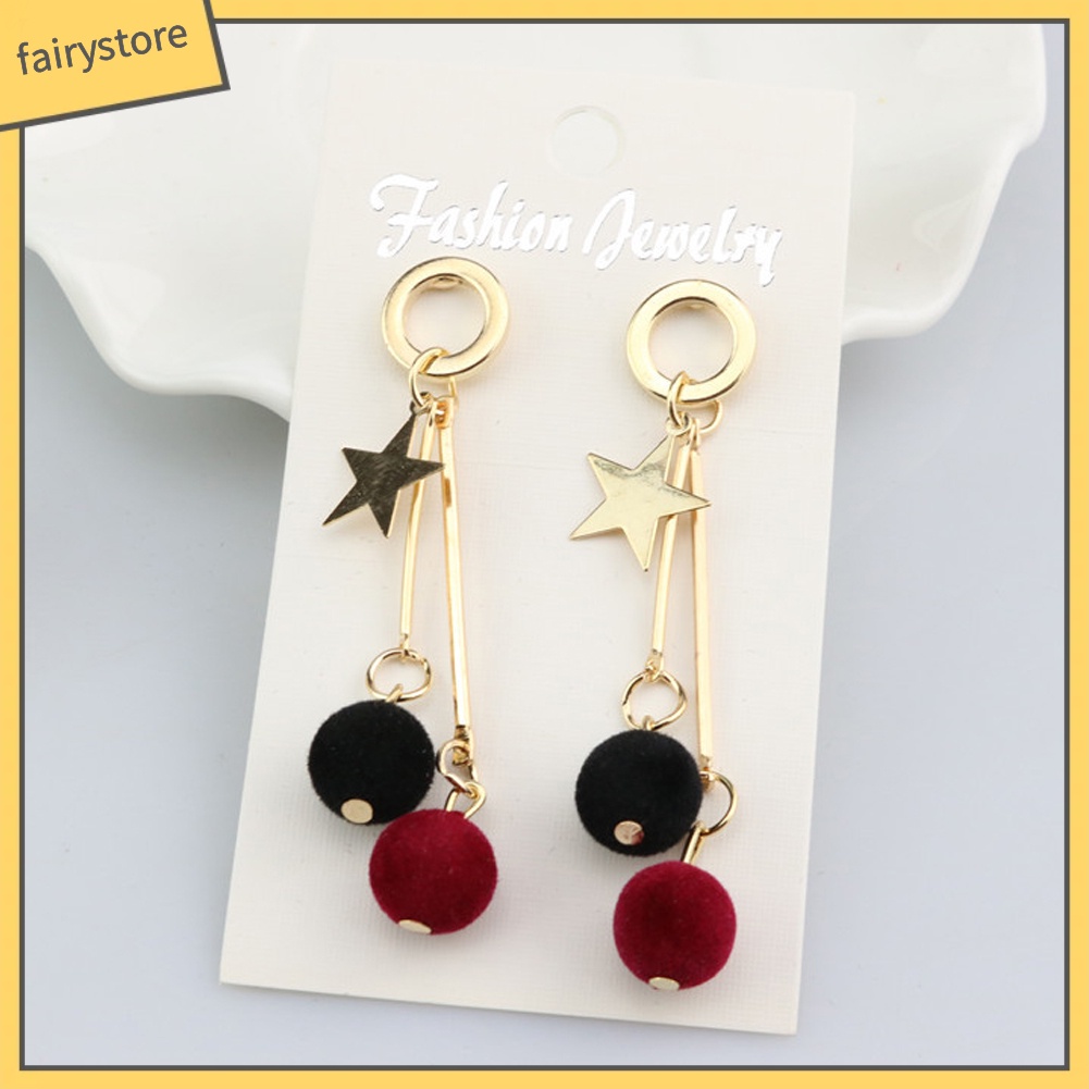 Khuyên Tai Dáng Dài Hình Ngôi Sao Năm Cánh Đính Quả Bông Đơn Giản Cho Nữ