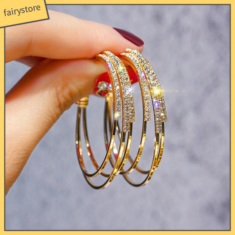 Khuyên Tai Tròn Ba Lớp Đính Đá Tinh Tế Cho Nữ