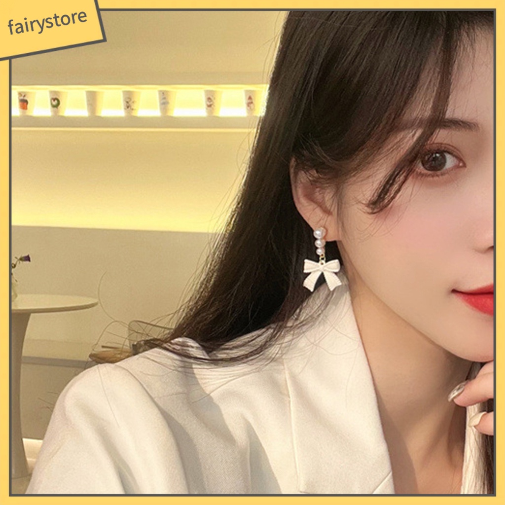1 Đôi Bông Tai Hình Nơ Đính Ngọc Trai Nhân Tạo Phong Cách Hàn Quốc