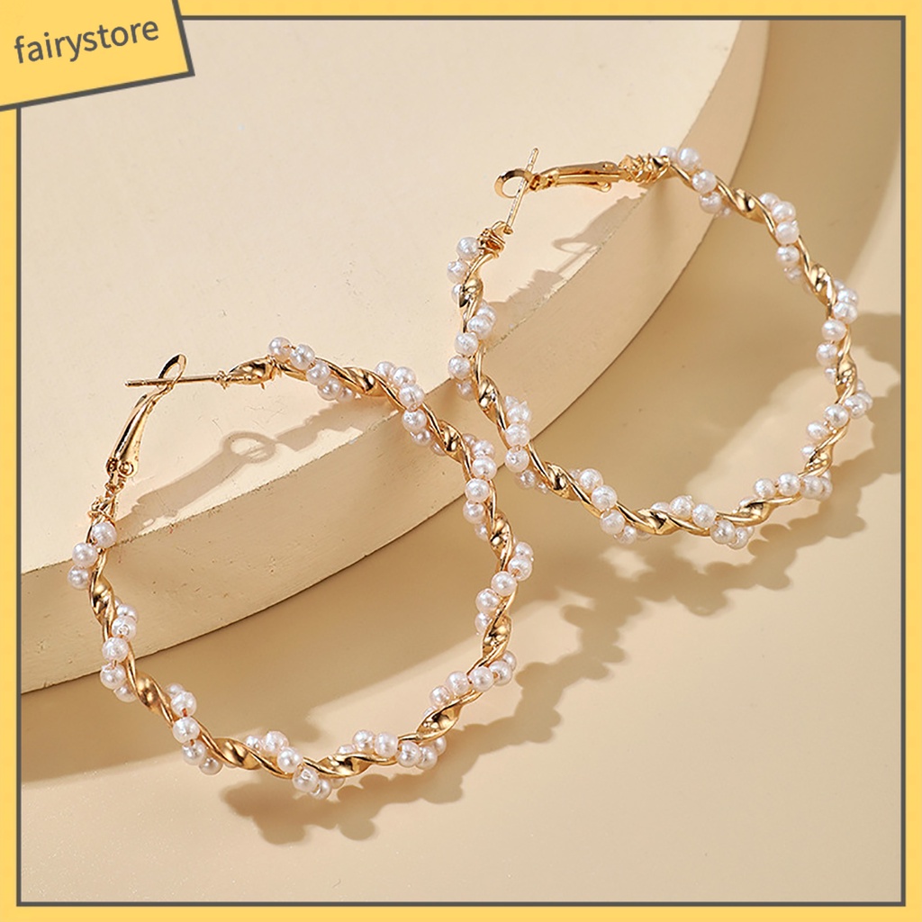 Khuyên Tai Dạng Vòng Tròn Lớn Đính Ngọc Trai Nhân Tạo Thời Trang