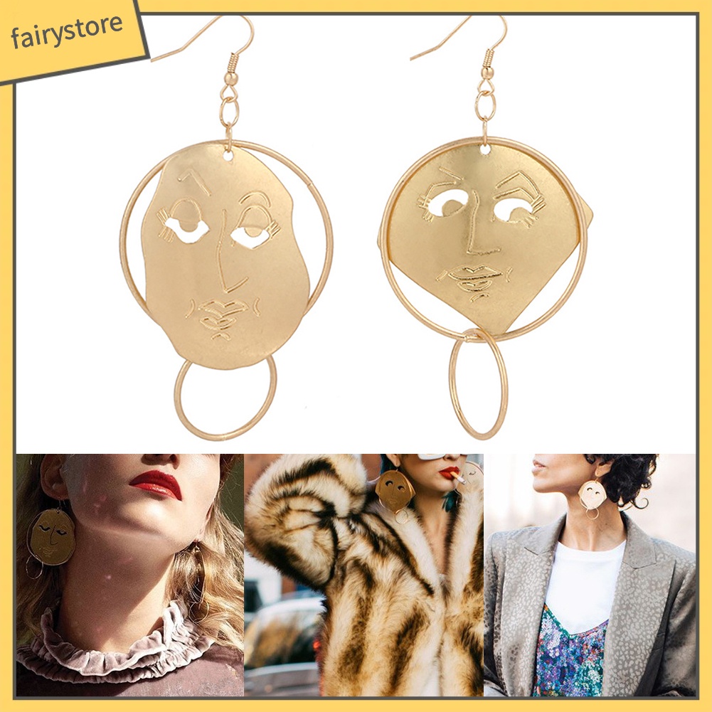 Khuyên Tai Dạng Móc Mặt Người Không Đối Xứng Chạm Khắc Thời Trang Cho Nữ