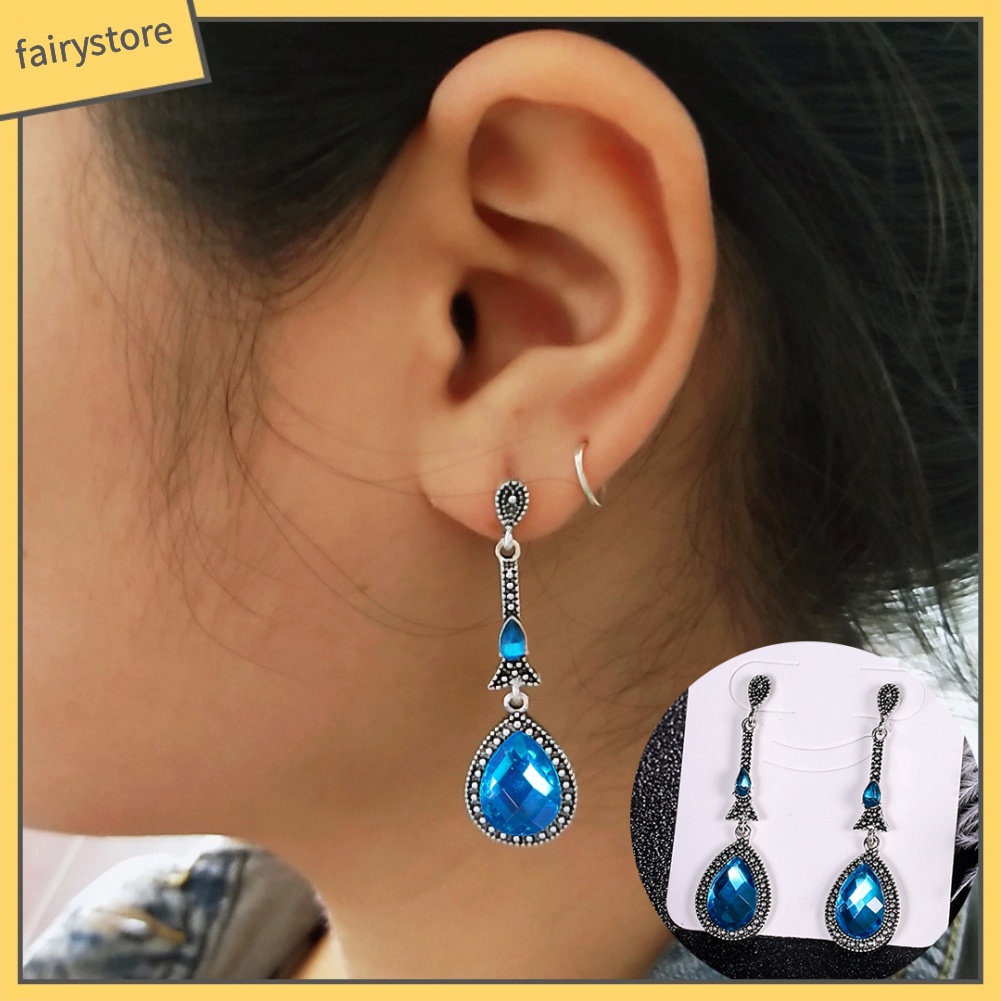 Bông Tai Dài Hình Giọt Nước Đính Đá Phong Cách Vintage Dành Cho Nữ