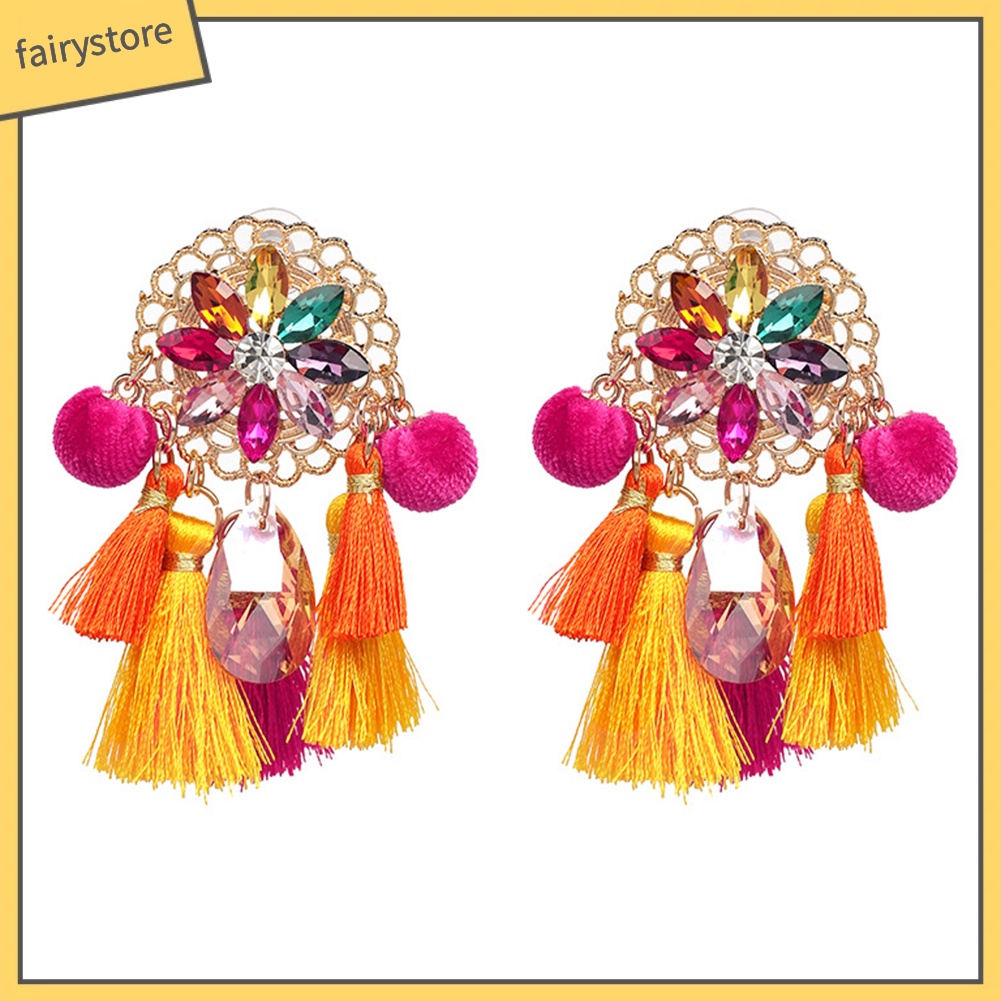 Bông Tai Dạng Dây Tua Rua Đính Đá Phong Cách Boho Cho Nữ