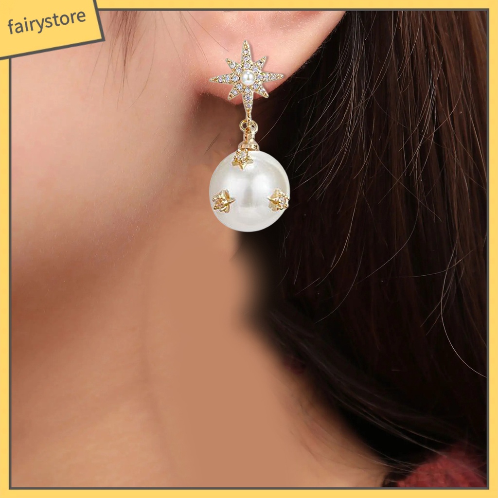 [FRO] 1 Đôi Bông Tai Bất Đối Xứng Hình Ngôi Sao Và Mặt Trăng Đính Ngọc Trai Nhân Tạo Phong Cách
