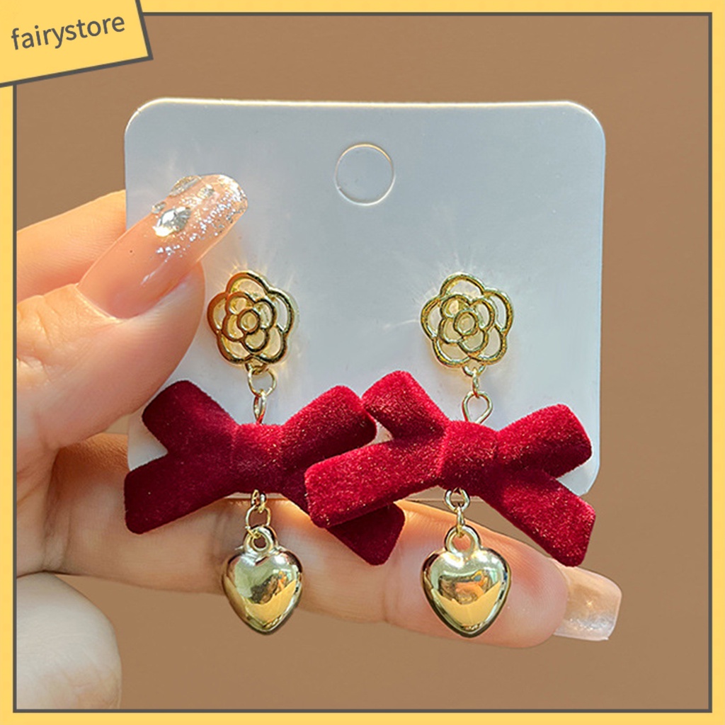 1 Đôi Bông Tai Dáng Dài Hình Nơ / Hoa / Trái Tim Màu Đỏ Chống Rơi Thời Trang Cho Nữ