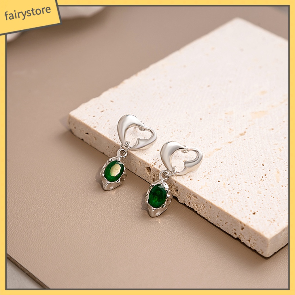 1 Đôi Bông Tai Hình Trái Tim Đính Đá Pha Lê Xanh Lá Phong Cách Retro