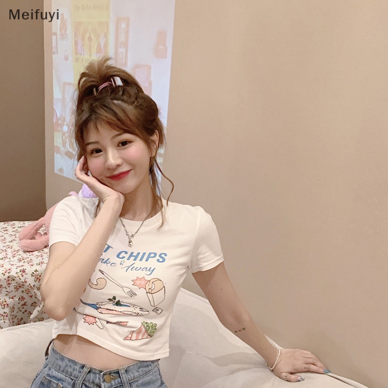 Áo Thun Crop Top Tay Ngắn Cổ Tròn Dáng Ôm In Họa Tiết Thời Trang Mùa Hè Cho Nữ