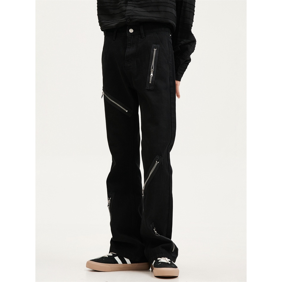 Voguo Rơ Le Niche Quần Jean Ống Loe Micro Màu Đen Phối Khóa Kéo Phong Cách Đường Phố Tối Cao Bán Chạy