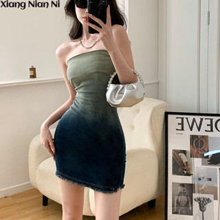 Xiang Nian Ni Đầm denim Dáng Dài Phối Màu gradient Xanh Dương Thời Trang Xuân Hè 2024