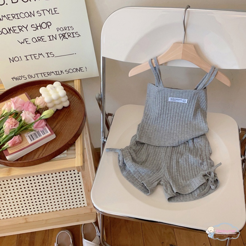 Set Đồ 2 Món Gồm Áo Ba Lỗ Và Quần Ngắn Dây Rút Phong Cách Hàn Quốc Cho Bé Gái