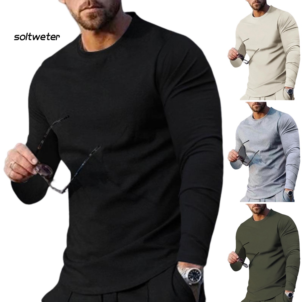 Áo Thun Tay Dài Cổ Tròn Màu Trơn Mềm Mại Giữ Ấm Chống Dầu Thời Trang Mùa Thu Cho Nam