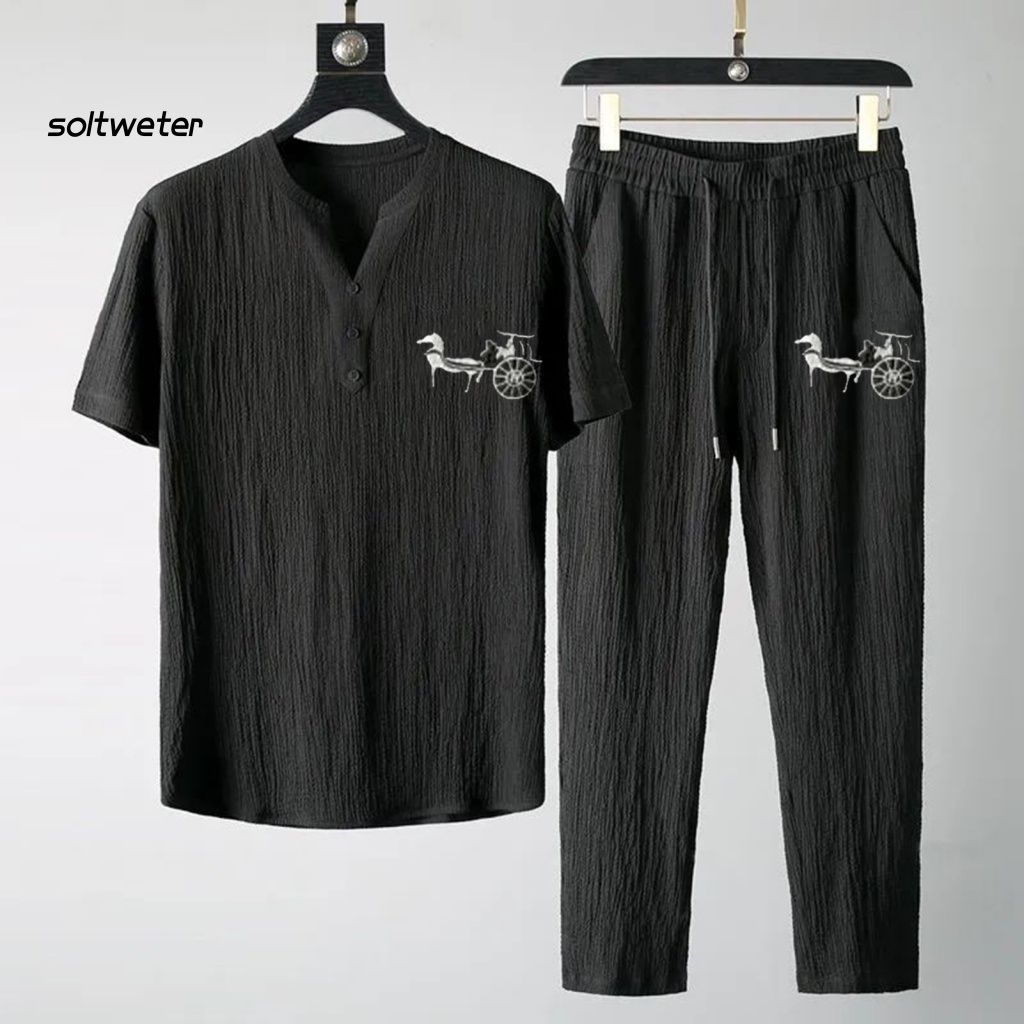 1 Bộ Áo Tay Ngắn Cổ Chữ V Màu Trơn Phối Quần Dài Đính Nút Thời Trang Mùa Hè Cho Nam