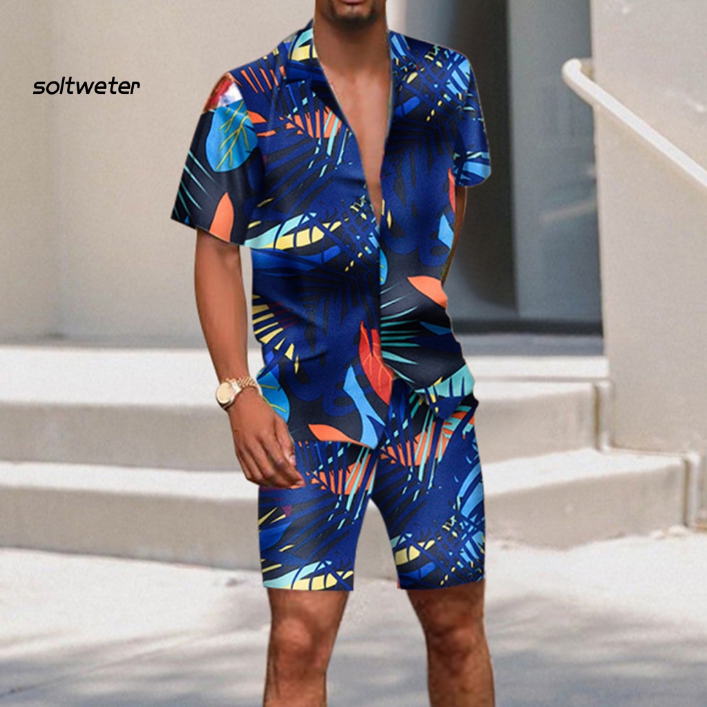Bộ Trang Phục 2 Mảnh Gồm Áo Sơ Mi Cổ Bẻ In Họa Tiết Nhiều Màu + Quần Short Phong Cách Hawaii Cho Nam