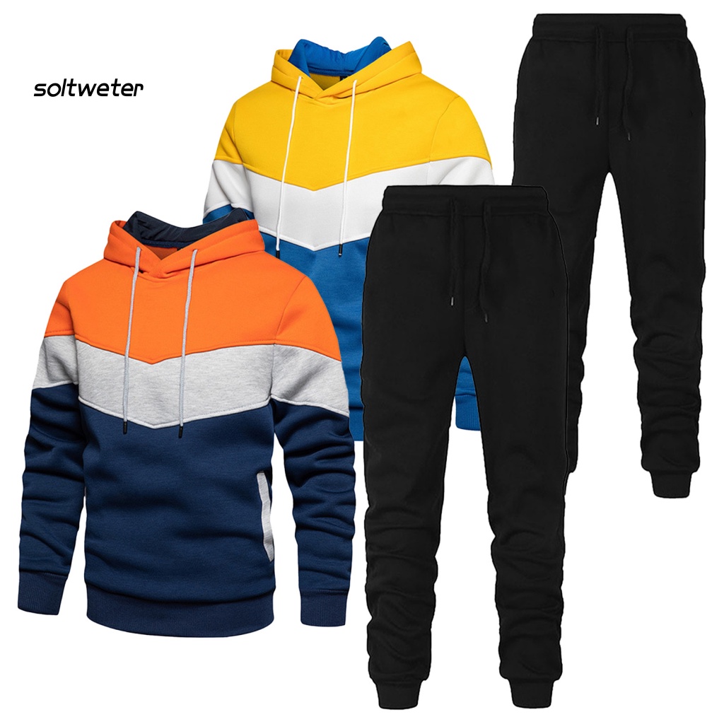 Set Áo Hoodie Dài Tay + Quần Dài Lưng Thun Phối Màu Sắc Thời Trang Đường Phố Cho Nam