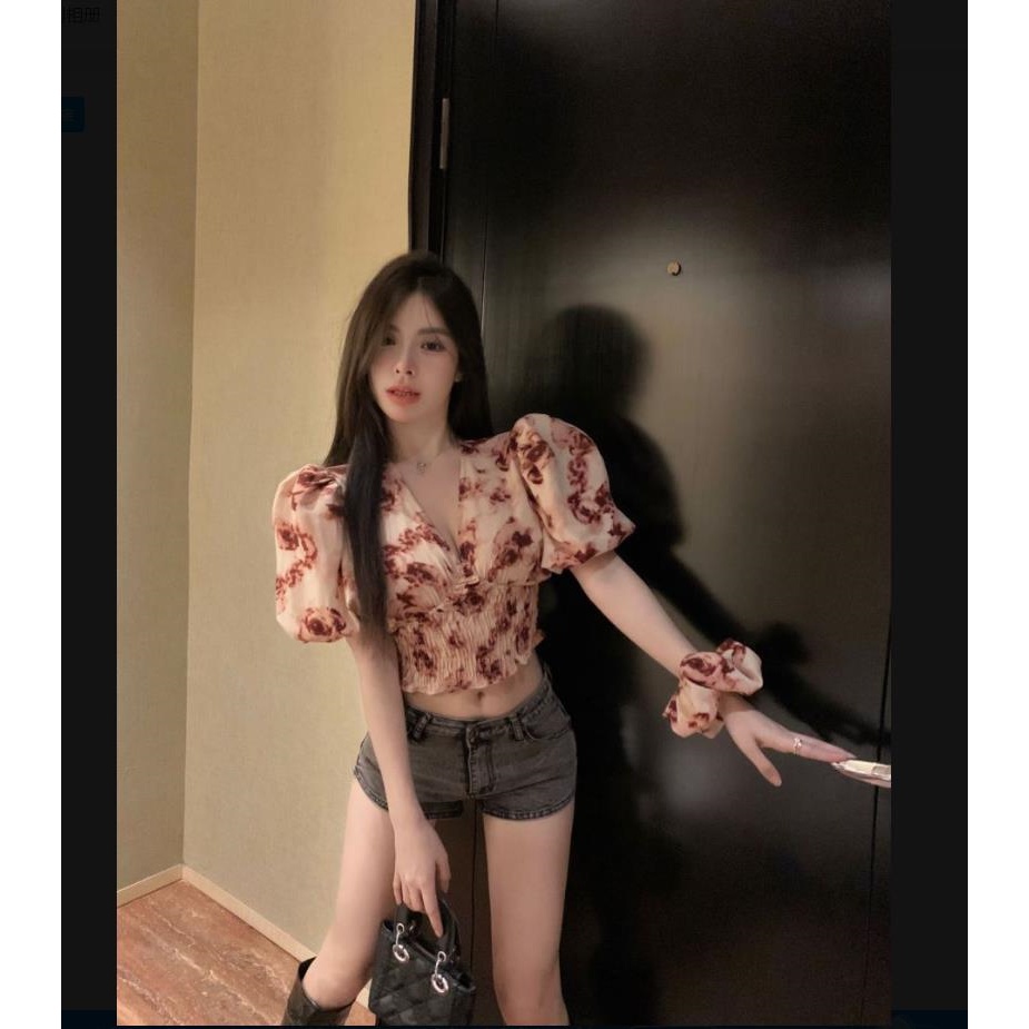 Áo Sơ Mi Chiffon Ngắn Tay Cổ Chữ V Họa Tiết Hoa Thời Trang Mùa Hè Cho Nữ