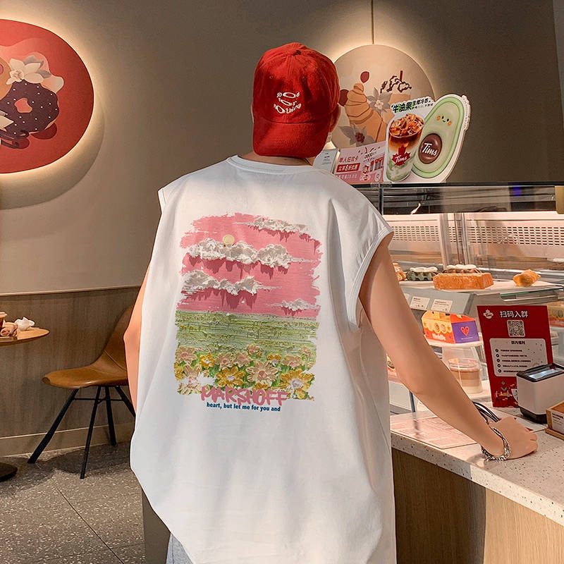 Áo thun nam màu hồng 100% cotton không tay form rộng in tranh sơn dầu mùa hè hFtt