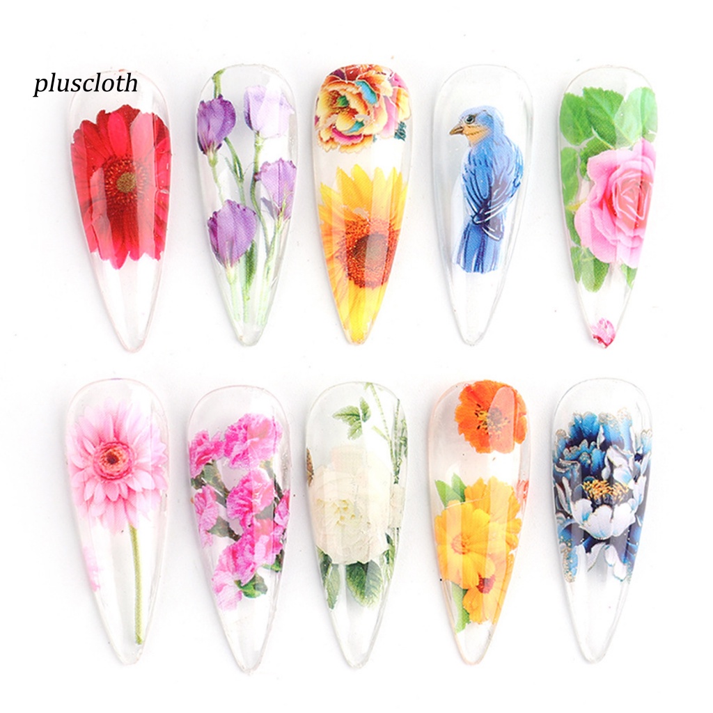 Set 10 Miếng Dán Trang Trí Móng Tay Họa Tiết Hoa Lấp Lánh Lâu Trôi Cho Nữ