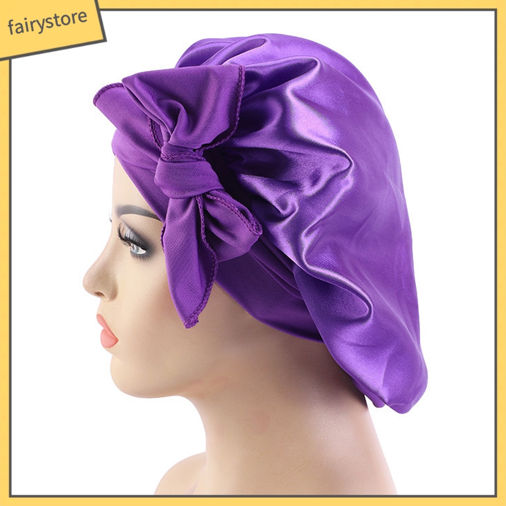 Mũ Trùm Đầu Bằng Lụa Satin Co Giãn Màu Trơn Phối Ren Chăm Sóc Tóc Khi Ngủ Cho Nữ