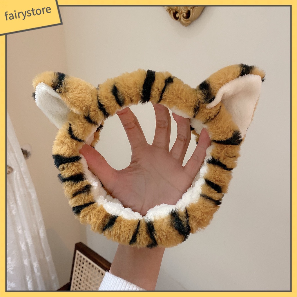 Băng Đô Cài Tóc Rửa Mặt Co Giãn Tốt In Họa Tiết Tai Hổ Hoạt Hình Cho Nữ