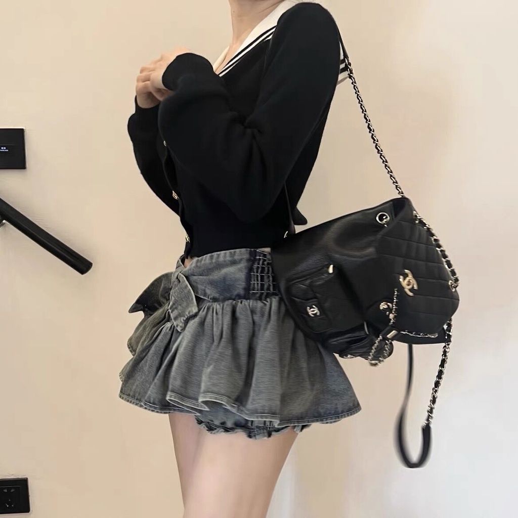 Y2k Chân Váy Jean Denim Chữ a Đính Nơ Xếp Ly Thời Trang Mùa Hè Cho Nữ