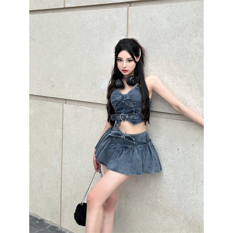 Y2k Chân Váy Jean Denim Đính Nơ Phong Cách Retro Mùa Hè Cho Nữ