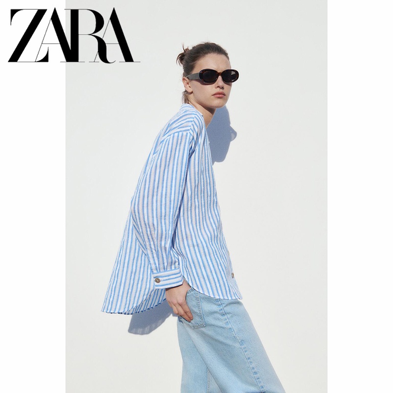 Zara Áo Sơ Mi Dài Tay Dáng Rộng Hoa Văn Kẻ Sọc Thời Trang Mùa Xuân Hè Dành Cho Nữ