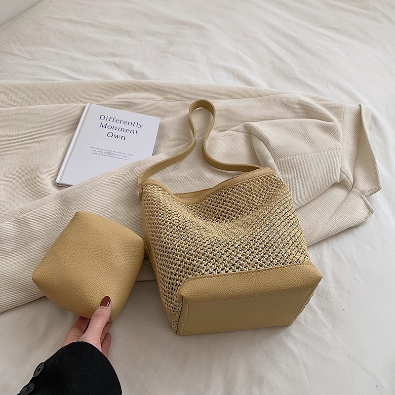Túi Xách Đan Cói Sức Chứa Lớn Màu Sắc Tương Phản Phong Cách retro Mùa Hè Cho Nữ