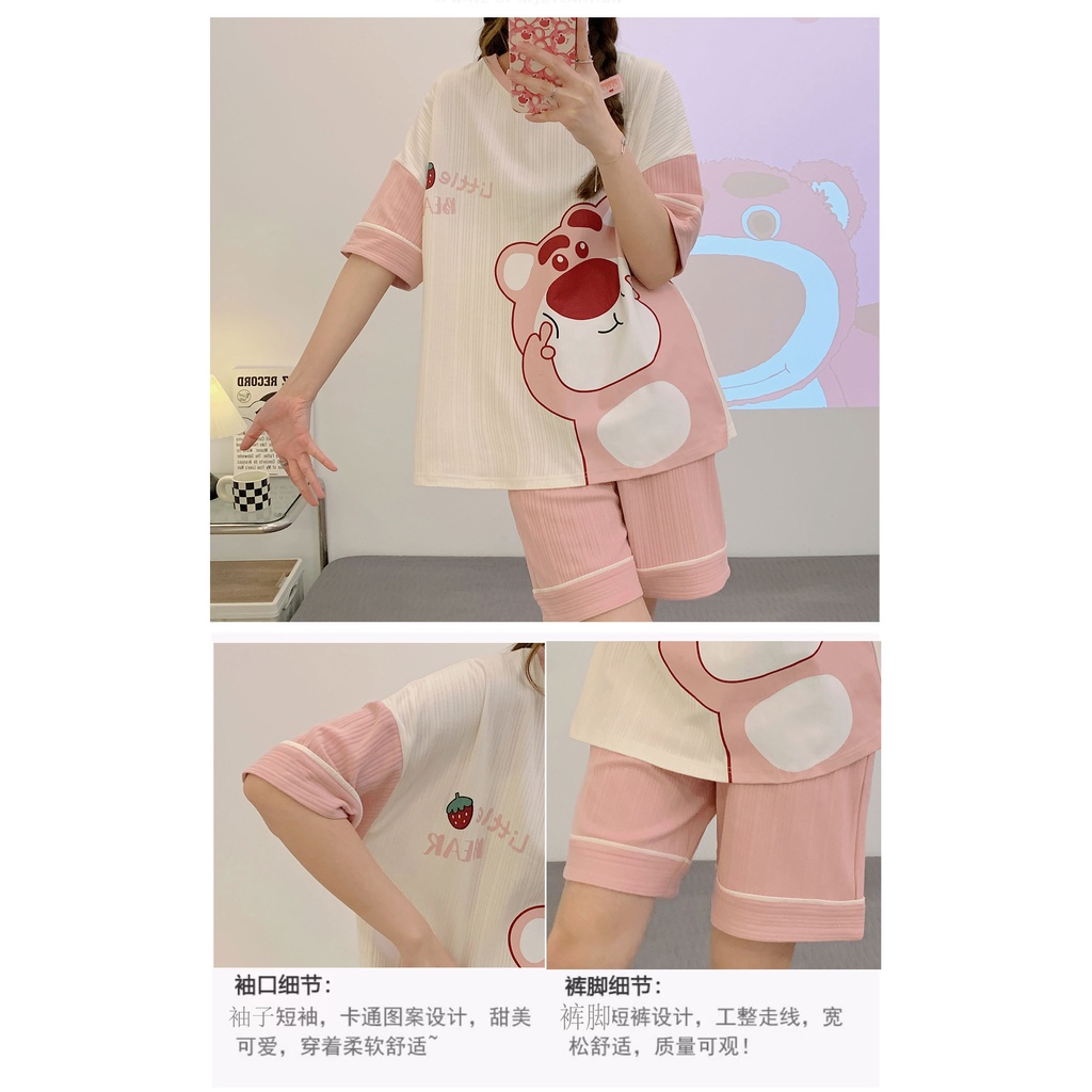 Bộ Đồ Ngủ Cotton Cổ Tròn Tay Ngắn Họa Tiết Hoạt Hình Thời Trang Mùa Hè 6535