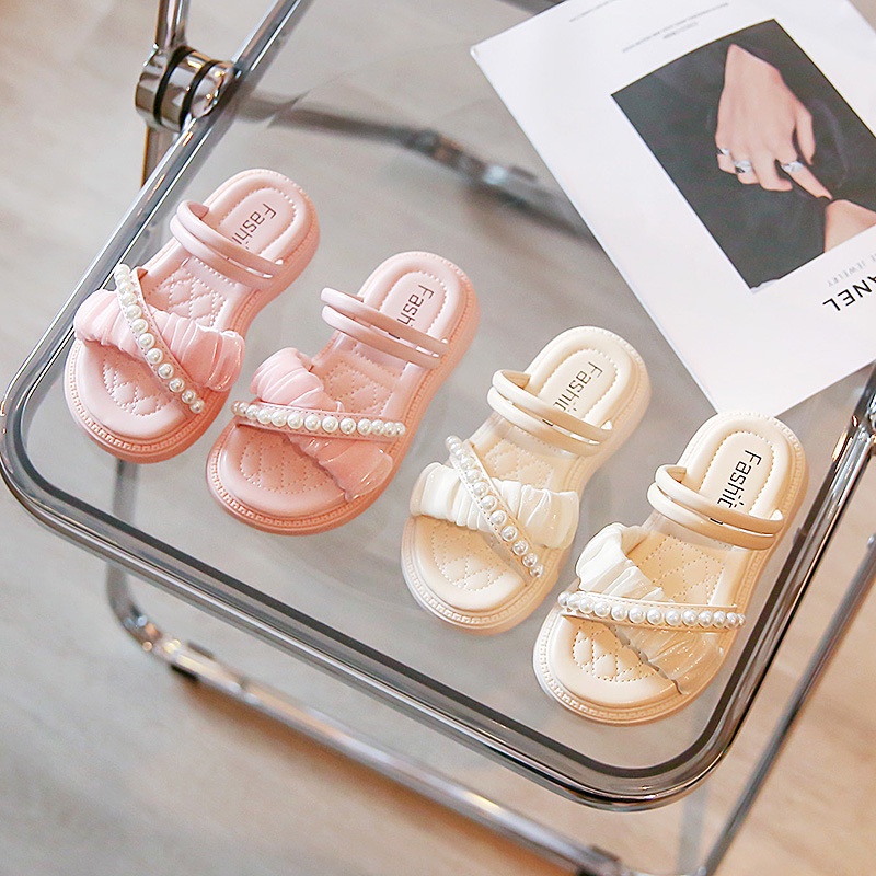 Xăng đan Công Chúa Đế Mềm Chống Trượt Đính Hạt Ngọc Trai Cho Bé Gái