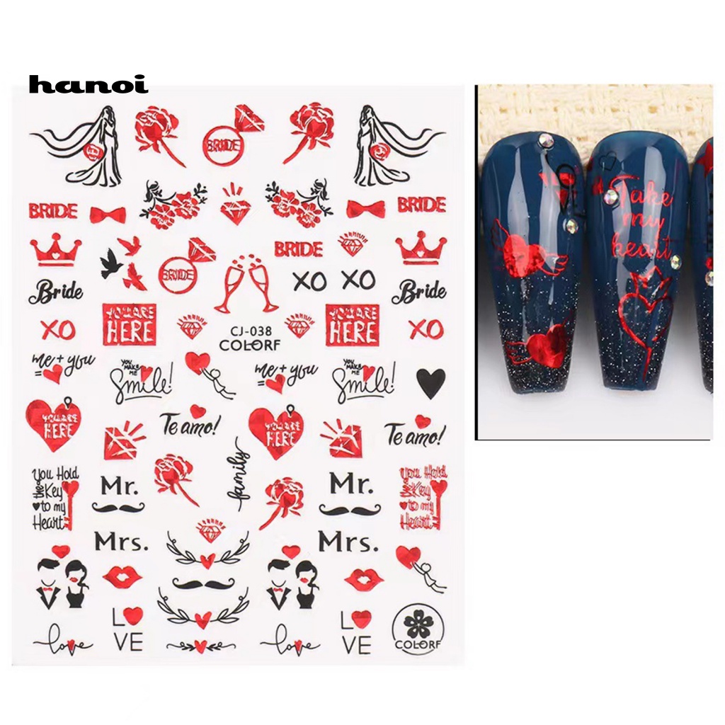 Bộ 2 Miếng Dán Móng Tay Tự Dính Không Phai Màu Chống Rơi Họa Tiết Trái Tim Màu Đỏ Dùng Trang Trí DIY