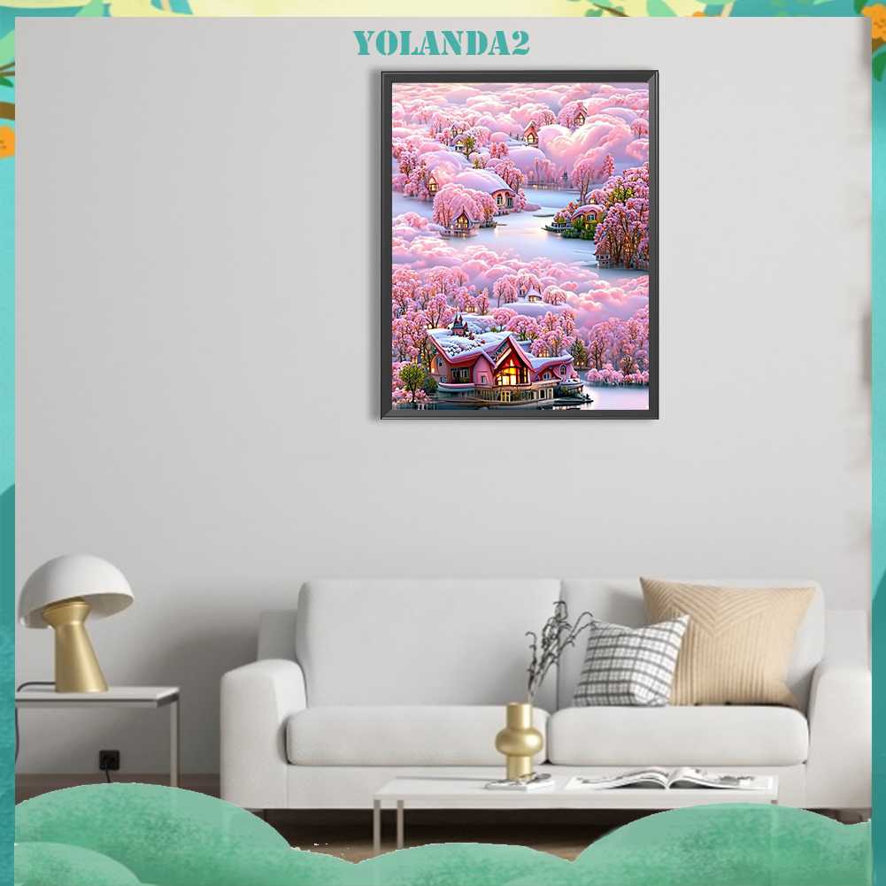 Tranh Đính Đá Kim Cương Toàn Bộ 5D DIY Hình Vẽ Biệt Thự Núi Và Hoa