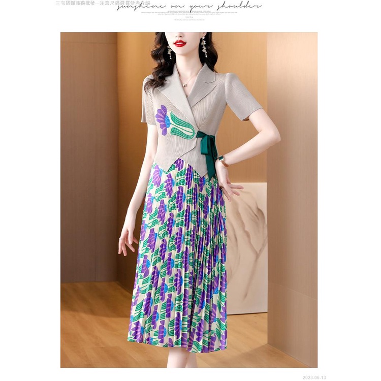 Đầm Midi Cổ Bẻ Xếp Ly Dáng Ôm Thời Trang Mùa Hè 2023 Cho Nữ Trung Niên - 2023-06-