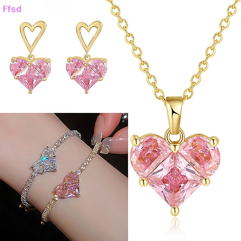 1 / 1 Cặp Vòng Tay / Vòng cổ / Bông Tai Đính Đá Zircon Hình Trái Tim Lấp Lánh Dễ Điều Chỉnh Thời Trang Cho Nữ