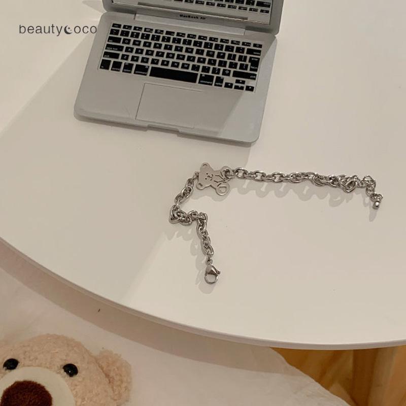 Beautycoco🍊Vòng Tay Thép Titan Màu Bạc Hình Gấu Dễ Thương Thời Trang Cho Nữ