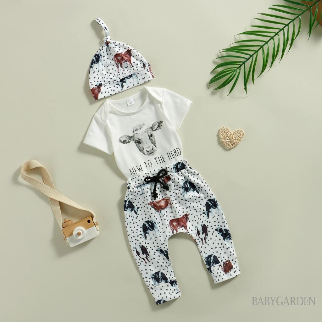 Bộ Áo Liền Quần + Quần Short + Nón Họa Tiết Bò Sữa Dễ Thương Cho Bé Trai Từ 0-18 Tháng Tuổi