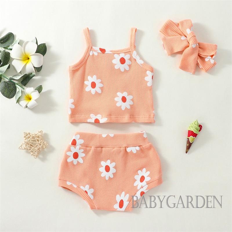 Bộ Áo Hai Dây + Quần Sooc In Hoa + Băng Đô Cài Tóc Thời Trang Cho Bé G