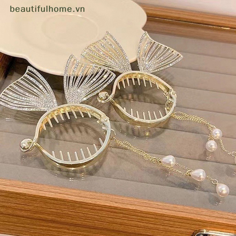 Kẹp Tóc Càng Cua Đính Đá Ngọc Trai / Nơ Tua Rua Xinh Xắn Cho Nữ