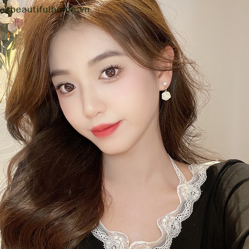 [beautifulhome] Bông Tai Hình Hoa Trà Đính Ngọc Trai Trang Nhã Thanh Lịch [beauty]