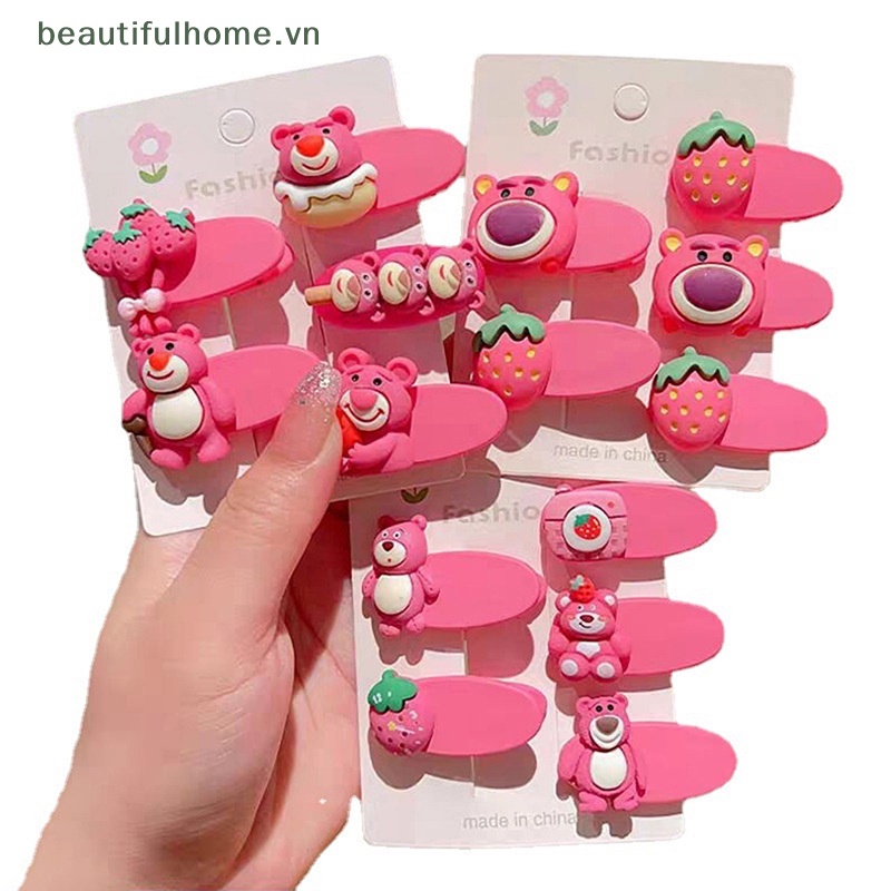 Bộ 5 Kẹp Tóc Hình Gấu / Dâu Tây Hoạt Hình Dễ Thương Cho Bé Gái