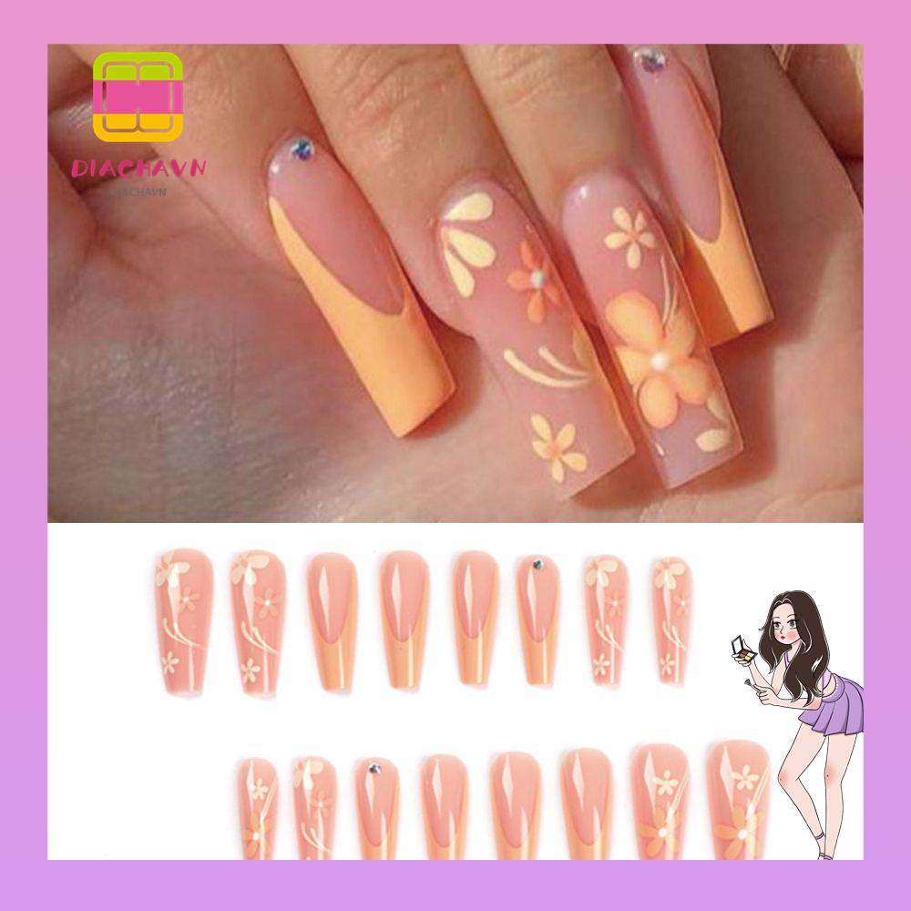 Bộ 24 Móng Tay Giả Che Phủ Toàn Diện Họa Tiết Hoa Vàng DIY